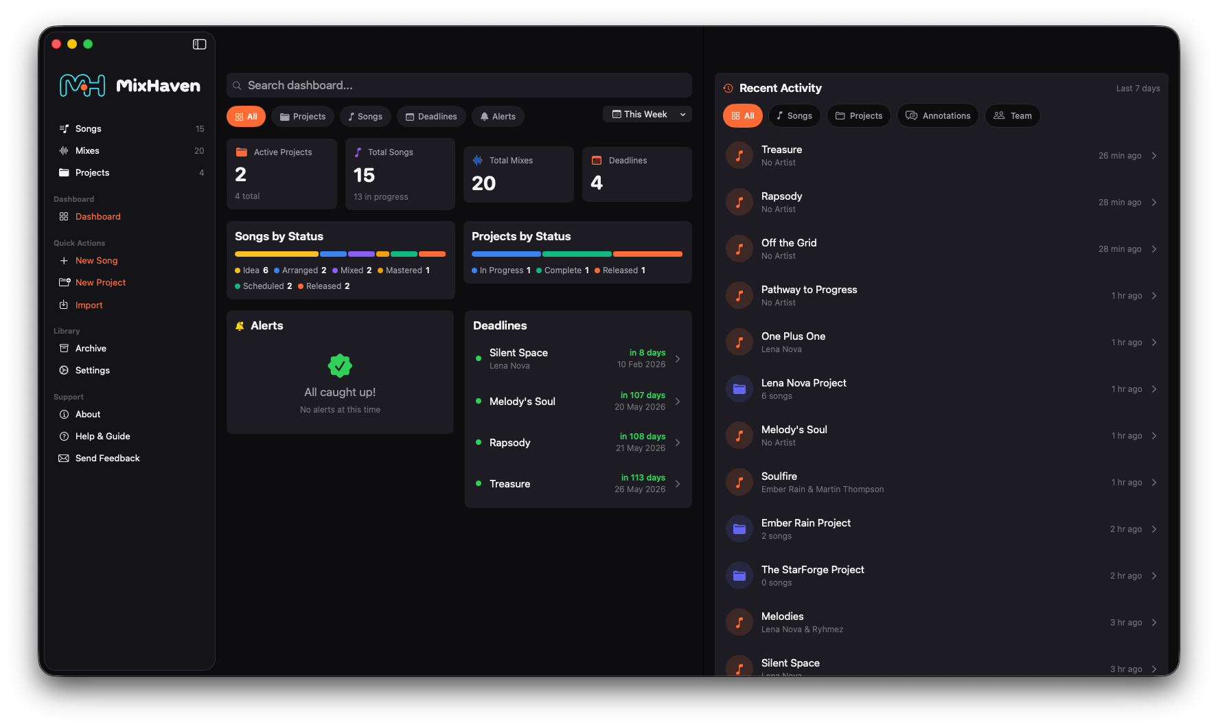 MixHaven dashboard showing project overview, status tracking, and recent activity